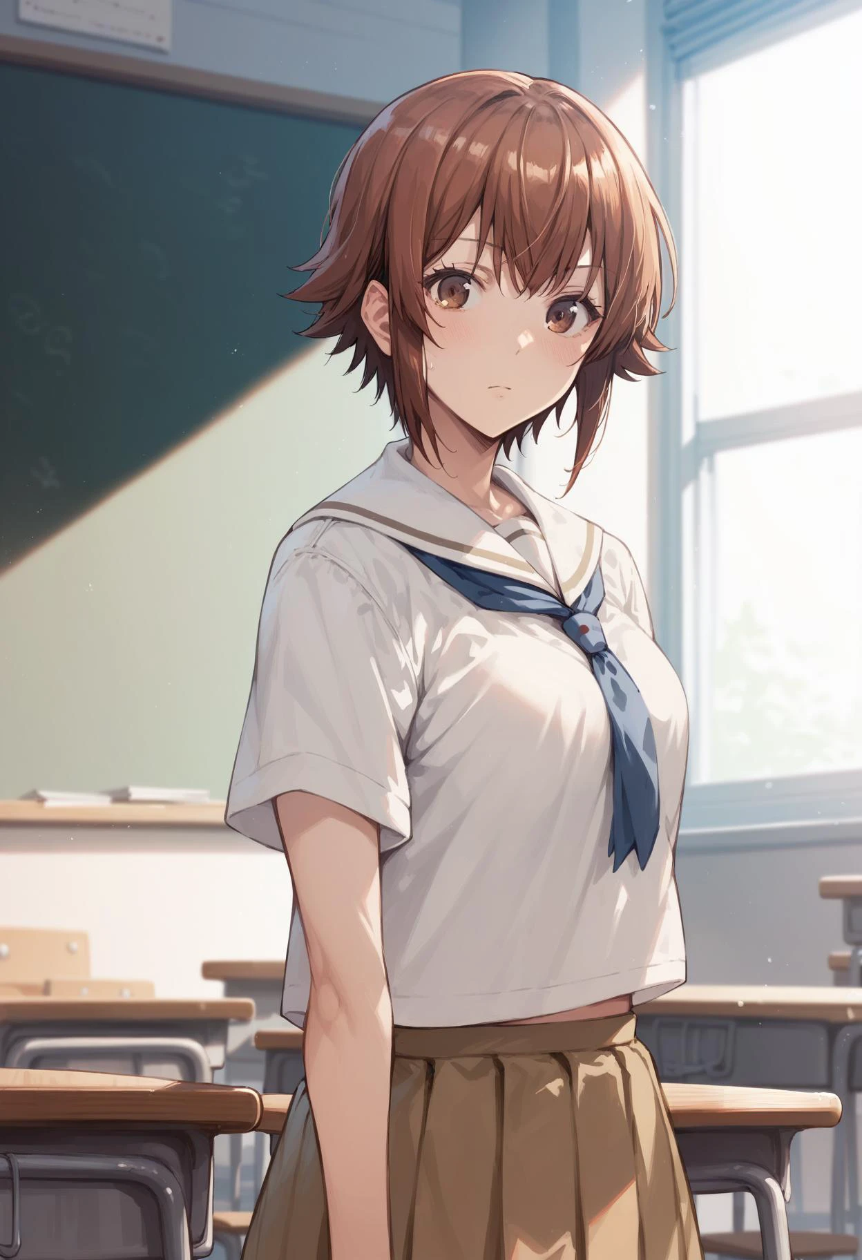 <lora:PONY-ç»-Azur Lane:0.7> ,score_9, score_8_up, score_7_up, score_6_up,1girl,classroom, <lora:chisa-kotegawa-s1-ponyxl-lora-nochekaiser:0.7>,chisa kotegawa, short hair, bangs, brown hair, brown eyes,school uniform,, uncensored,<lora:add-detail-xl:1>,