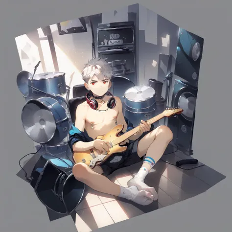 score_9,score_8_up,score_7_up,score_6_up,score_5_up,source_anime,
solo, boy,
white hair,red eyes,beautiful face and eyes,curious,
headphones around neck,collar,
collarbone,nipples,nipple rings,short pants,white socks,
looking at viewer,indoors,playing guitar,Drum set,colorful,grey background,
<lora:betm:0.8>,<lora:GachaAzurLaneXLP6lokrV4236T3:0.9>,
