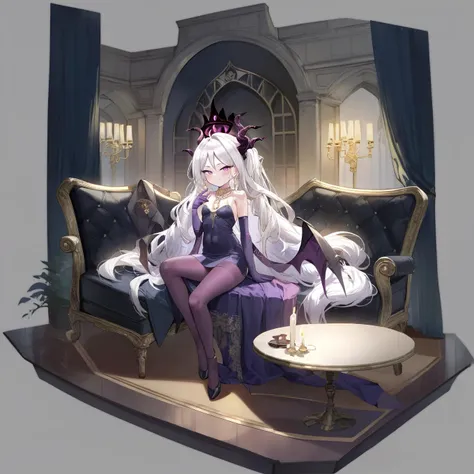grey background, score_9, score_8_up, score_7_up, score_6_up, <lora:GachaAzurLaneXL_P6_lokr_V4236:0.95> 1girl, solo, full body, 1girl, hina \(blue archive\), hina \(dress\) \(blue archive\), official alternate costume, solo, gloves, purple gloves, purple eyes, elbow gloves, dress, horns, purple dress, wings, demon wings, jewelry, demon horns, pantyhose, black horns, strapless dress, strapless, long hair, white hair, official alternate hairstyle, blush, earrings, necklace, looking at viewer, multiple horns, smile, closed mouth, dangle earrings, halo, candle, pendant, purple wings, table, indoors, black wings, bare shoulders, candlestand, couch, purple pantyhose