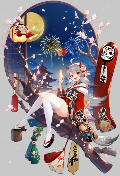 score_9, score_8_up, score_7_up, score_6_up, <lora:GachaAzurLaneXL_P6_lokr_V4236:0.95> grey background,1girl, kadomatsu, thighhighs, japanese clothes, red eyes, horns, long hair, white thighhighs, solo, fireworks, grey hair, kimono, sitting, lantern, looking at viewer, ahoge, hair ornament, cherry blossoms, wide sleeves, multicolored hair, open mouth, moon, bamboo, okobo, fur trim, tree, new year, sandals, paper lantern, night, full body, official alternate costume, smile, off shoulder, sash, full moon, long sleeves, branch, gradient hair, daruma doll, window, geta, obi, bare shoulders, skindentation, happy new year, thighs, petals, night sky, mask, pom pom \(clothes\), red footwear, red kimono, very long hair, platform footwear, sky, white background