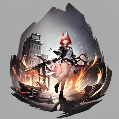 1girl, fiammetta_\(arknights\), red_eyes, short_hair, white_shirt, red_hair, red_necktie, black_jacket, collared_shirt, open_jacket, black_skirt, bird_ears, black_gloves, hair_between_eyes, grey background, <lora:GachaAzurLaneXLP6lokrV4236T3:1>, <lora:arknight_all_v2:1>, <lora:artist_TK31_for_Pony:1>,