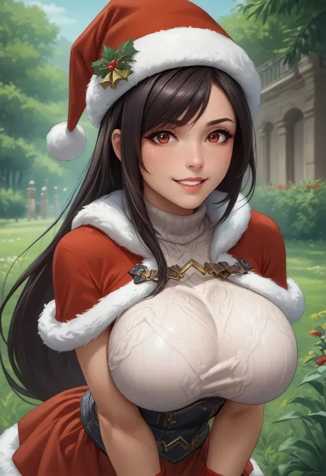 ,grass outdoor , smiling, cinematic, Christmas tree, Christmas hat,white and jewelry  clothes , red green shiny cloths, full body, photography,show one tits without clothes ,photo  2D image, highly detailed, anime, smiling sweet, cute face, beautiful,on home night , black ponytail hair, black shiny hair, smile,close up portrait HD