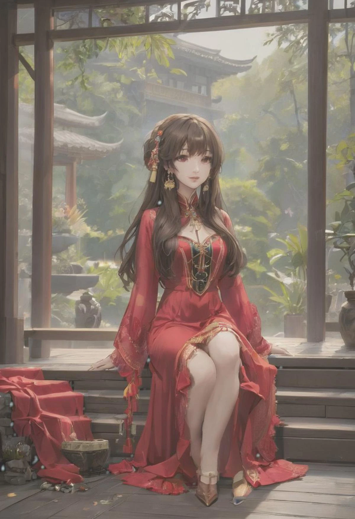 grey background, masterpiece, best quality, <lora:GachaAzurLaneXL_ANI31_lokr_V4236:0.95> 1girl, dress, solo, red dress, holding, red eyes, long hair, sitting, long sleeves, lattice, hair ornament, looking at viewer, blunt bangs, wooden floor, lantern, bird, hat, jewelry, wide sleeves, smile, long dress, full body, hand fan, brown hair, black hair, unworn headwear, east asian architecture, frills, tassel, light particles, very long
detailed hair, closed mouth, architecture, red theme, hand up, indoors, earrings, lips, shy, half dress less, detailed lips, red colored lips, romantic
