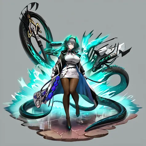 1girl, ho'olheyak_\(arknights\), grey_hair, head_wings, large_breasts, aqua_eyes, hair_between_eyes, snake_tail, fingerless_gloves, white_dress, long_sleeves, white_gloves, black_pantyhose, feathered_wings, grey background, <lora:GachaAzurLaneXLP6lokrV4236T3:1>, <lora:arknight_all_v2:1>, <lora:artist_TK31_for_Pony:1>,