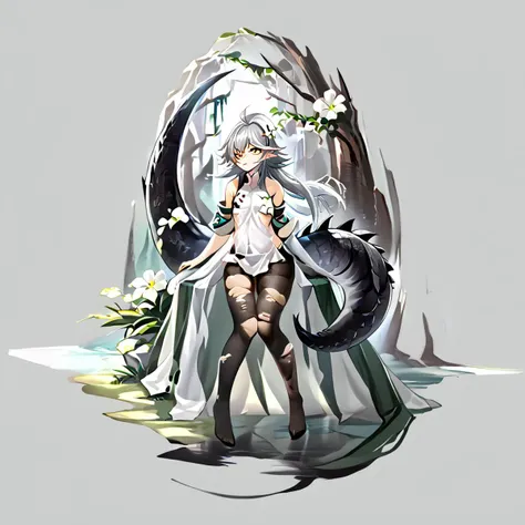 1girl, tomimi_\(arknights\), crocodilian_tail, pointy_ears, grey_hair, yellow_eyes, ahoge, black_thighhighs, torn_thighhighs, long_hair, bare_shoulders, thighs, white_flower, large_tail, grey background, <lora:GachaAzurLaneXLP6lokrV4236T3:1>, <lora:arknight_all_v2:1>, <lora:artist_TK31_for_Pony:1>,