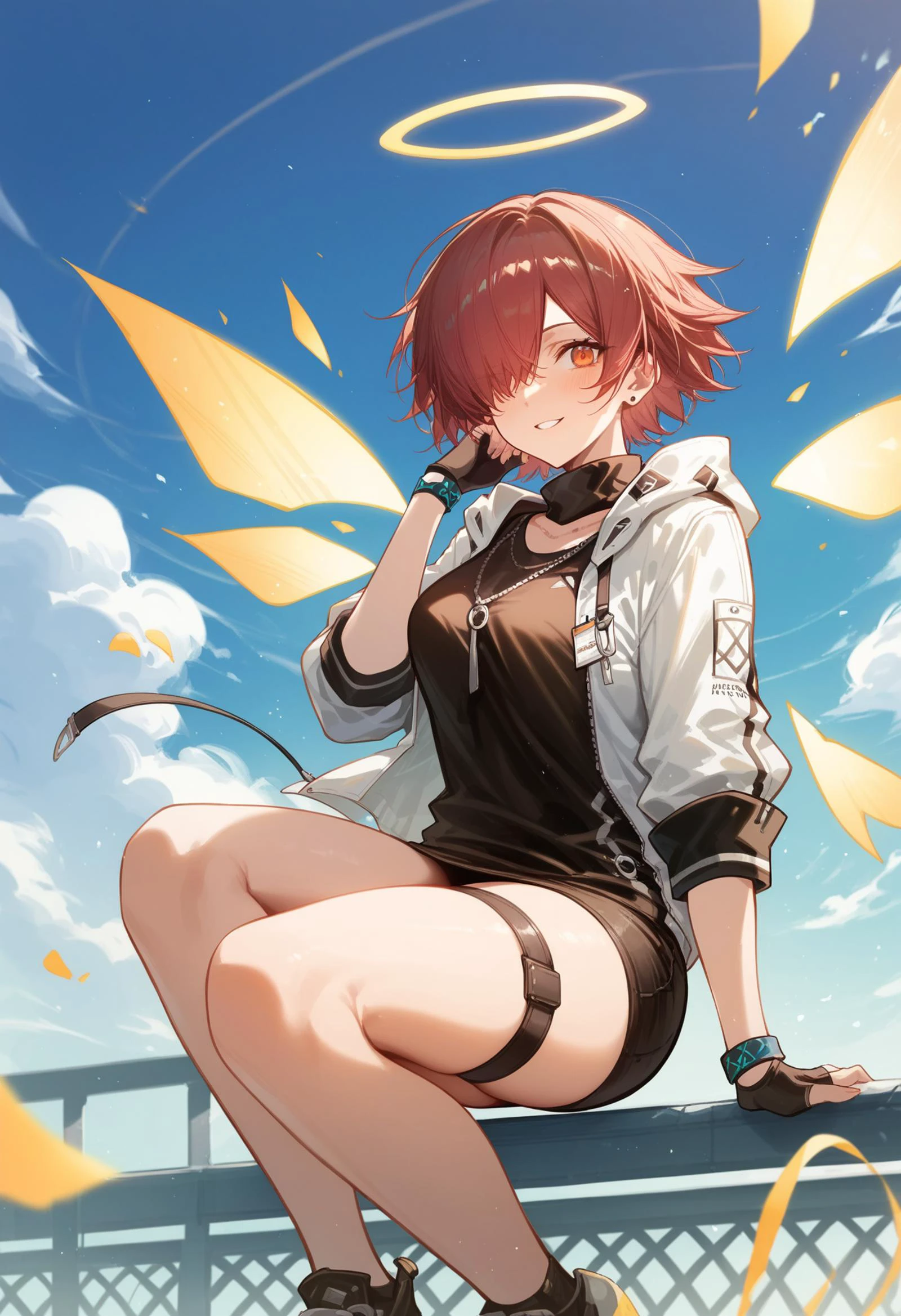 <lora:PONY-ç»-Azur Lane:0.7> ,score_9, score_8_up, score_7_up, score_6_up,1girl,solo, <lora:PONY-人-ç²¥all:0.7>,exusiai_\(arknights\), red_hair, halo, short_hair, white_jacket, black_gloves, fingerless_gloves, detached_wings, hair_over_one_eye, red_eyes, energy_wings, orange_eyes,, uncensored,<lora:add-detail-xl:1>,<lora:Expressive_H-000001:0.8>