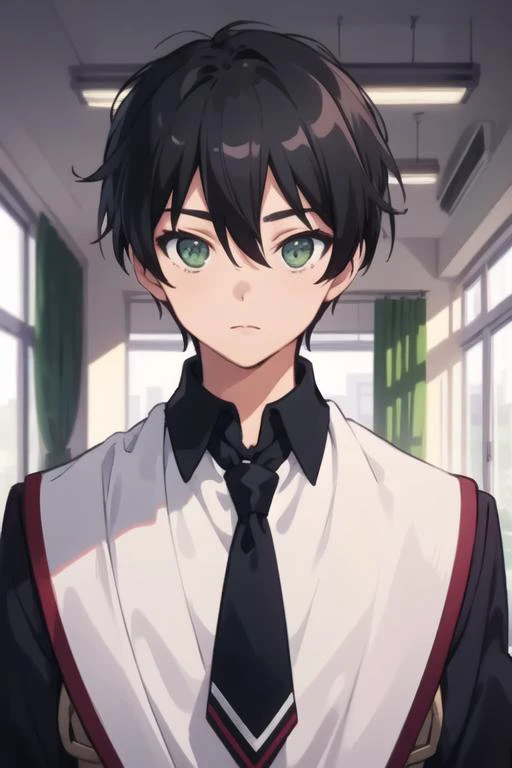 masterpiece, best quality, high quality, 1boy, solo, male focus, looking at viewer, upper body, <lora:jurai_andou:0.60>, jurai_andou, green eyes, black hair, , school uniform,