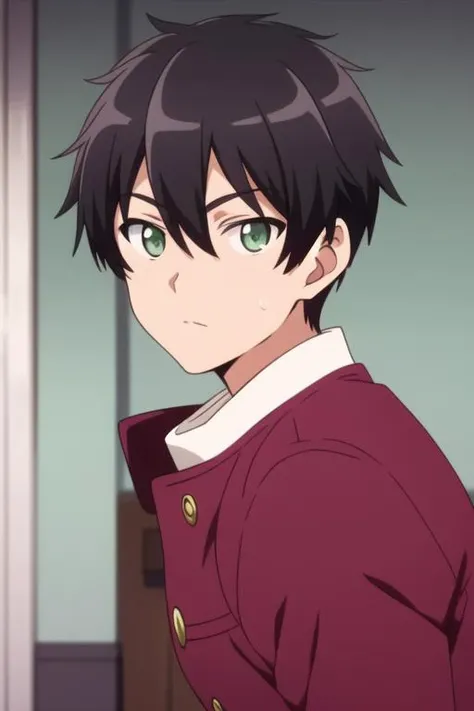 masterpiece, best quality, high quality, 1boy, solo, male focus, looking at viewer, upper body, <lora:jurai_andou:0.74>, jurai_andou, green eyes, black hair, , gakuran
