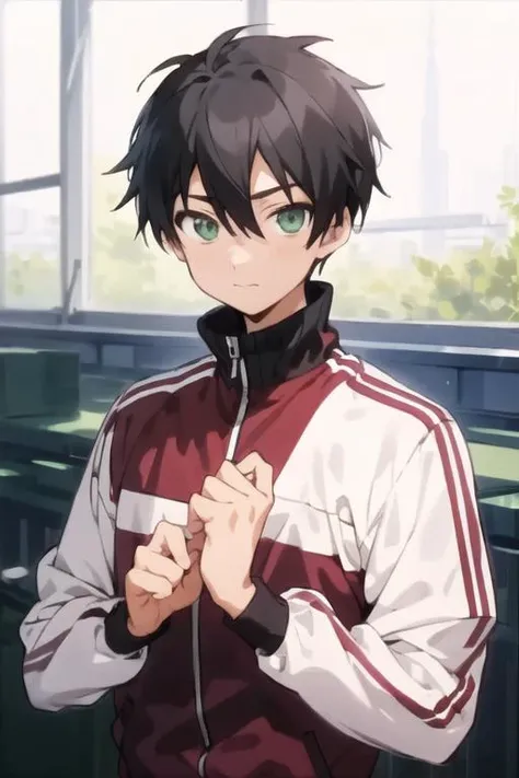 masterpiece, best quality, high quality, 1boy, solo, male focus, looking at viewer, upper body, <lora:jurai_andou:0.72>, jurai_andou, green eyes, black hair, , track suit