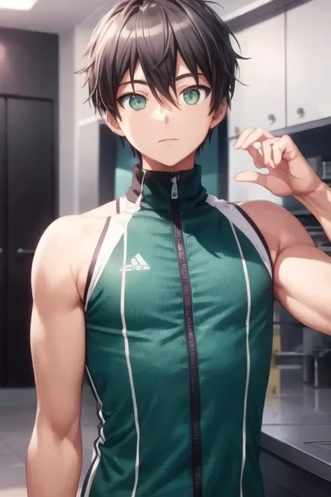 Horikoshi Kouhei, ((arte oficial)), (1child), 17 year old, Side not hero academy, Pelo negro corto, pale, guantes de codo, relajado, Lado_no_hero_academia_gimnasio_uniforme, ojos verdes, por el ?????, mirando al espectador, colmillos, arte oficial , pale-skin, cabello corto, ojos verdes, guapo, Lindo, iluminado