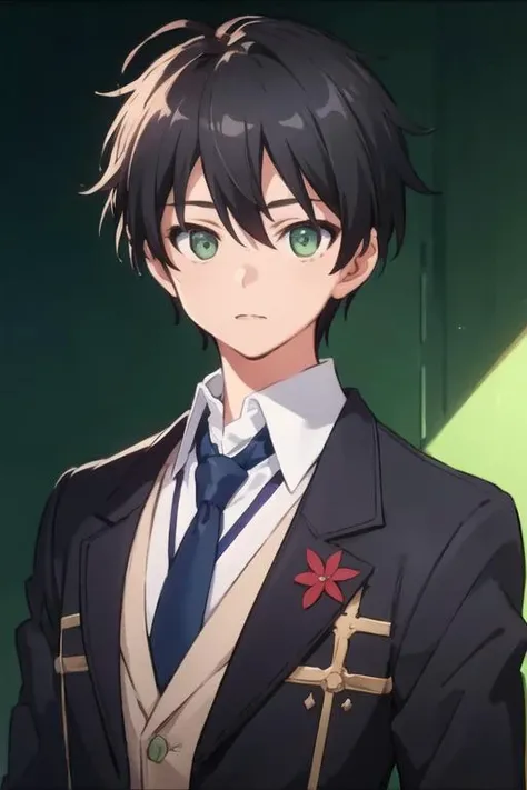masterpiece, best quality, high quality, 1boy, solo, male focus, looking at viewer, upper body, <lora:jurai_andou:0.58>, jurai_andou, green eyes, black hair, , school uniform,