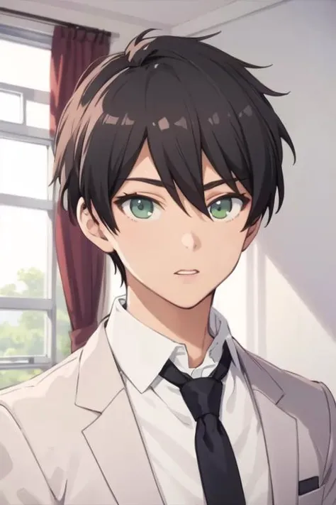 masterpiece, best quality, high quality, 1boy, solo, male focus, looking at viewer, upper body, <lora:jurai_andou:0.60>, jurai_andou, green eyes, black hair, realistic, formal, necktie, dress shirt