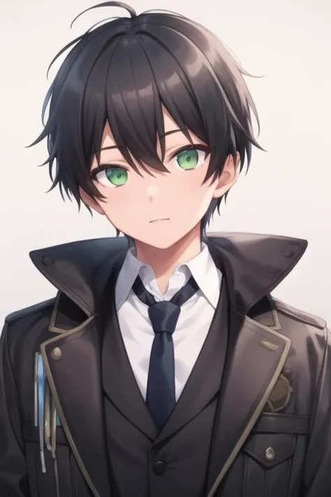 masterpiece, best quality, high quality, 1boy, solo, male focus, looking at viewer, upper body, <lora:jurai_andou:0.52>, jurai_andou, green eyes, black hair, , jacket