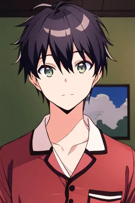 masterpiece, best quality, high quality, 1boy, solo, male focus, looking at viewer, upper body, <lora:jurai_andou:0.72>, jurai_andou, green eyes, black hair, , pajamas