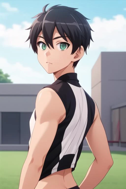 masterpiece, best quality, high quality, 1boy, solo, male focus, looking at viewer, upper body, <lora:jurai_andou:0.82>, jurai_andou, green eyes, black hair, , sportswear