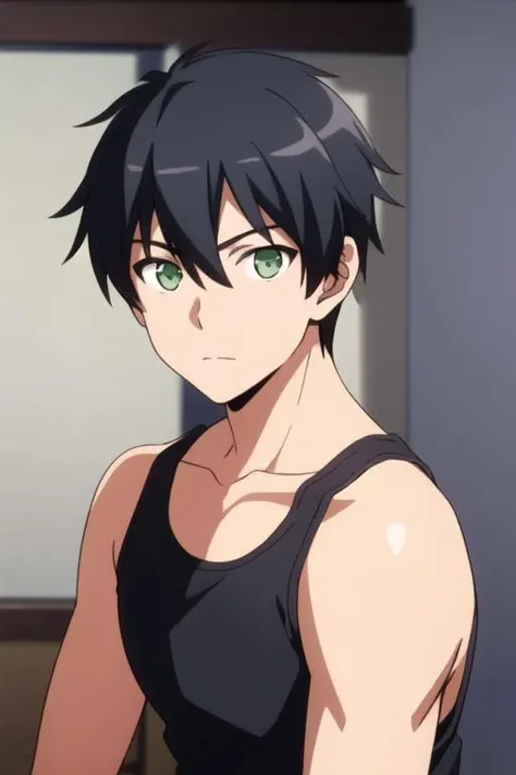masterpiece, best quality, high quality, 1boy, solo, male focus, looking at viewer, upper body, <lora:jurai_andou:0.70>, jurai_andou, green eyes, black hair, realistic, tank top