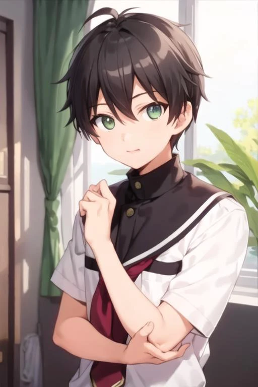 masterpiece, best quality, high quality, 1boy, solo, male focus, looking at viewer, upper body, <lora:jurai_andou:0.76>, jurai_andou, green eyes, black hair, , school uniform,