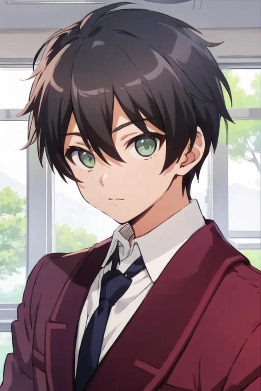 masterpiece, best quality, high quality, 1boy, solo, male focus, looking at viewer, upper body, <lora:jurai_andou:0.82>, jurai_andou, green eyes, black hair, , school uniform,