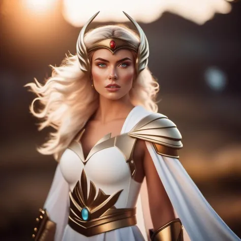 cinematic photo a cartoon blond woman with a white outfit and a sword, fantasy background  <lora:She-ra-1024:0.8> . 35mm photograph, film, bokeh, professional, 4k, highly detailed