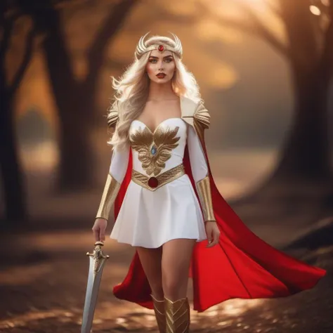 cinematic photo a full body woman dressed in a white costume,white miniskirt, golden headband, red cape, with a sword, fantasy background <lora:She-ra-1024:0.8> . 35mm photograph, film, bokeh, professional, 4k, highly detailed