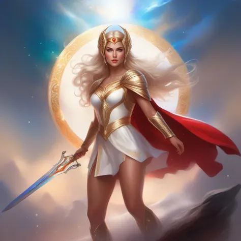 ethereal fantasy concept art of  a full body woman dressed in a white costume,white miniskirt, golden headband, red cape, with a sword, fantasy background <lora:She-ra-1024:0.8> . magnificent, celestial, ethereal, painterly, epic, majestic, magical, fantasy art, cover art, dreamy