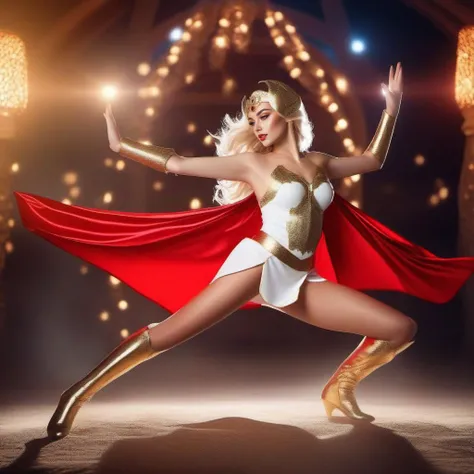 cinematic photo a full body woman dressed in a white costume,white miniskirt, golden headband, red cape, fantasy background <lora:She-ra-1024:0.8> . 35mm photograph, film, bokeh, professional, 4k, highly detailed