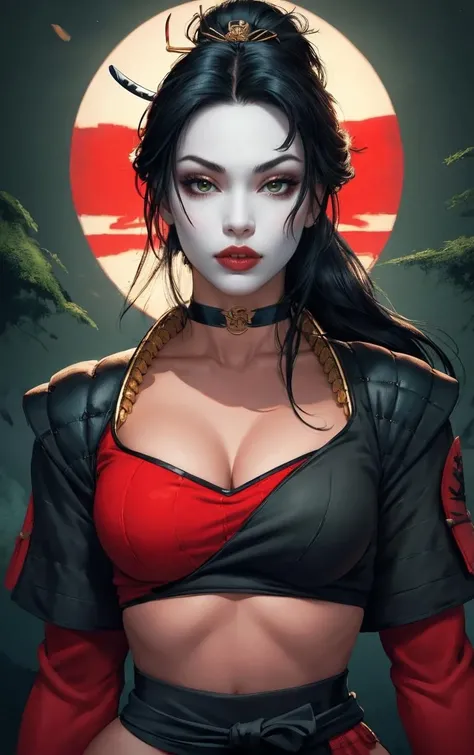 CARTOON_Shi_Crusade_ownwaifu,
1girl, white mask, black hair, long hair, very long hair, breasts, cleavage, lipstick, makeup, lips, green eyes, large breasts, red lips, hair ornament, hair_stick, mask, tattoo, colored skin, ponytail,
thighhighs, midriff, gloves, choker, navel, armor, crop top, bodysuit, jewelry, skirt, ninja, samurai, red thighhighs, red gloves, pelvic curtain,
<lora:CARTOON_Shi_Crusade_ownwaifu:0.8>
((masterpiece)),((best quality)),(highres, absurdres), original, official_art, looking at viewer, solo, focused, outdoors, day, cowboy shot,
