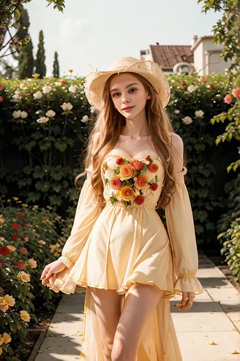 tv_Daria2_MXAI, ,  , serene expression, wearing an elegant colorful summerdress, walking through an ornate rose garden, noon, summer, colorful butterflies, ((cowboy shot)),, 8k resolution, highres, high detail, sharp focus, detailed skin,  8k uhd, bokeh, analog photography