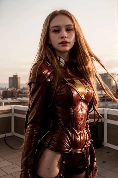 tv_Daria2_MXAI, , , wearing a supergirl costume, standing on a rooftop, windblown hair, sunset in the background,, 8k resolution, highres, high detail, sharp focus, detailed skin, 8k uhd, bokeh, analog photography