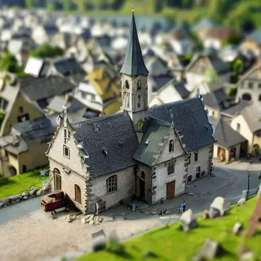 village church, people, wagon <lora:tilt-shift:1>