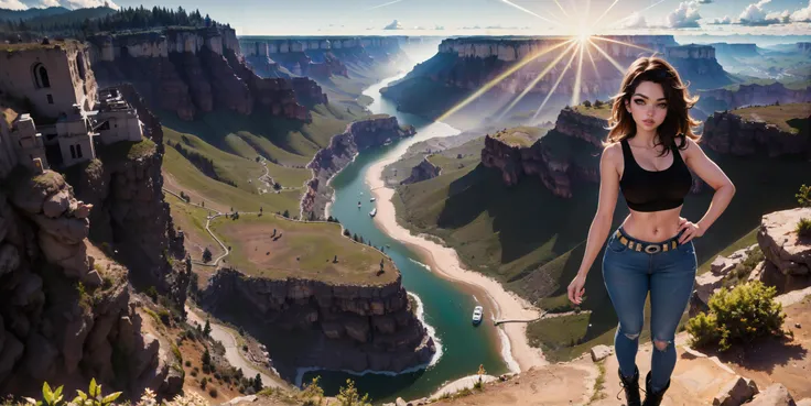 16K, Best Quality, High Quality, Highres, Masterpiece, Ultra Detailed, (hero view:1.5), (solo:1.5), (rule of thirds:1.5), embedding:ViciousFamily\DV_S2_La_Texia_Vicious is a beautiful girl, perfecteyes eyes, multicolored hair, hiking boots,sneakers, jeans, tank top, bare midriff, hiking jacket, on a cliff overlooking a panoramic view of the grand canyon, river, (looking at viewer:1.1), Creative Composition, Dynamic Angle, Foreshortening, Extraordinary, Landscape, Wide Angle Lens, Sun rays, Sunbeams, Sun shafts, Sunlight beams, Light trails, Long exposure Fashion Photography, Glamour Photography, Hyperrealism Style, Hypermaximalist, embedding:Positive\epiCPhoto, <lora:lora_perfecteyes_v1_from_v1_160:1.0>, <lora:Utilities\detail_slider_v4:1.0>,