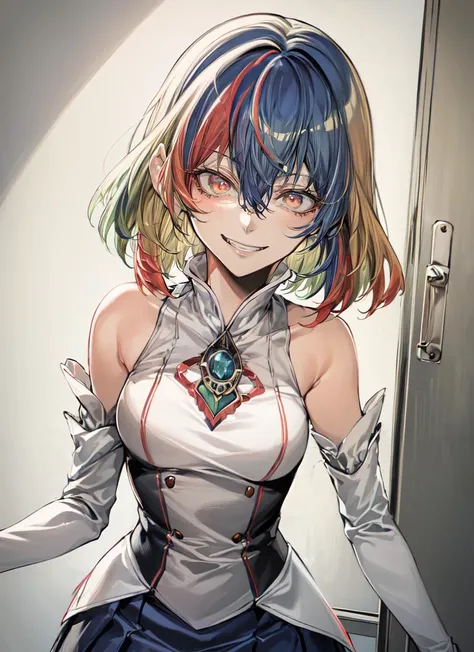 ((best quality)), ((highly detailed)), masterpiece, absurdres, extremely detailed face, beautiful face, (detailed eyes, deep eyes), <lora:more_details:.4>, (1girl), reflection, upper body, <lora:Chrome-Chan:.85>, Chrome-chan, (multicolored hair, blonde hair, blue hair, red hair, green hair, streaked hair), medium hair, multicolored eyes, shirt, sleeveless, long sleeves, white bridal gauntlets, pleated skirt, skirt, blue skirt, white thighhighs, jewelry, ring, green shoes, evil smile, grin, shaded_face, glare, ((glowing eyes)), in the dark, (inside, in a hallway), <lora:HQ_Style:.65>, monochrome, pillarboxed,