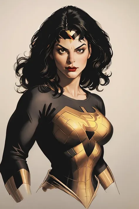 masterpiece, best quality, high quality, highres,
solo, black curly long hair, breasts, makeup, superhero suit,  lipstick,, upper body, young 
retro artstyle,simple background, realistic, superhero,
<lora:ARTSTYLE_AlexRoss_ComicArt_ownwaifu:0.8> , ((portrait)), straight-on, looking_at_viewer, solo,closed mouth,simple_background,  <lora:HQ_Style-000003:.6>