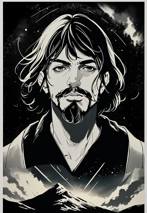 mountain, starry sky, pillarboxed, facial hair, close-up, grey border, bob cut, ocean, hair strand, <lora:HQ_Style:.7>