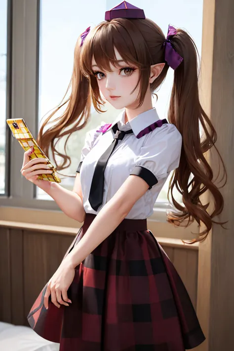 (masterpiece, best quality:1.2), <lyco:touhou_himekaidou-10:1.0>, cowboy shot, solo, 1girl, himekaidou hatate, pointy ears, expressionless, closed mouth, looking at viewer, holding cellphone, twintails, tokin hat, brown eyes, checkered clothes, shirt, necktie, puffy short sleeves, purple skirt, checkered skirt