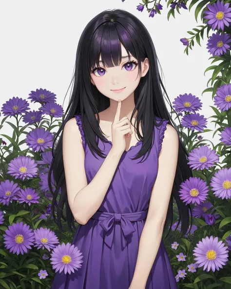 bangs, (sharpening, sharpening face):1.3, 1girl, solo, face viewer, looking at viewer, full body, no nipples, makeup, long hair, realistic, (masterpiece:1.2, best quality, absurd res, ultra detailed), (seductive smile):0.2, black hair, 
 <lora:Purple Dom SDXL-0.1:1>flower,purple flower,