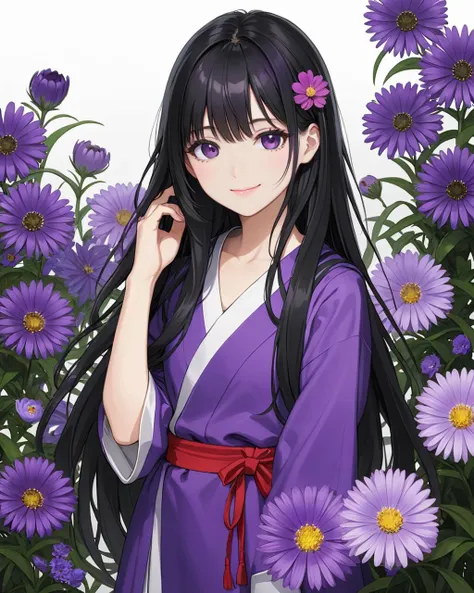 bangs, (sharpening, sharpening face):1.3, 1girl, solo, face viewer, looking at viewer, full body, no nipples, makeup, long hair, realistic, (masterpiece:1.2, best quality, absurd res, ultra detailed), (seductive smile):0.2, black hair, 
 <lora:Purple Dom SDXL-0.1:1>flower,purple flower,