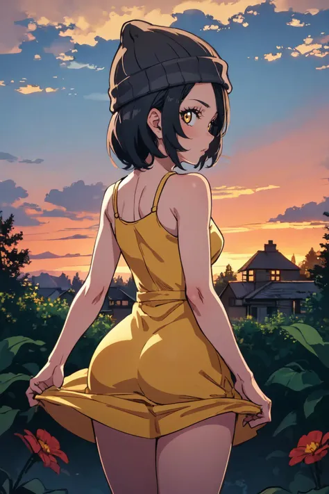 (masterpiece, best quality), outdoors, sunset, garden, village, cowboy shot, 1girl, solo, WesternLowlandGorillaManityro, short hair, <lora:WesternLowlandGorilla_V1-Manityro-AdamW:1.0>, toned, looking at viewer, beanie, yellow sundress, bare arms, from behind