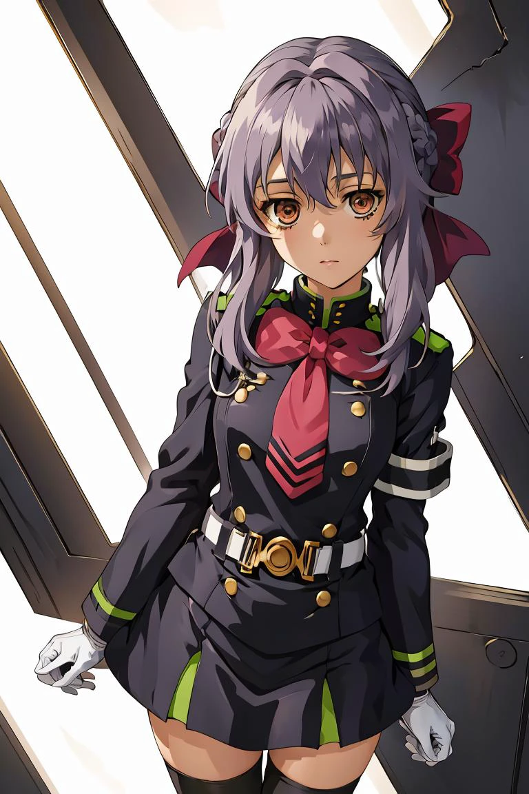 (masterpiece, best quality), 1girl, <lora:hiiragi_shinoa_v1:1> aashinoa, hair bow, military uniform, red bowtie, long sleeves, armband, white gloves, belt, black thighhighs