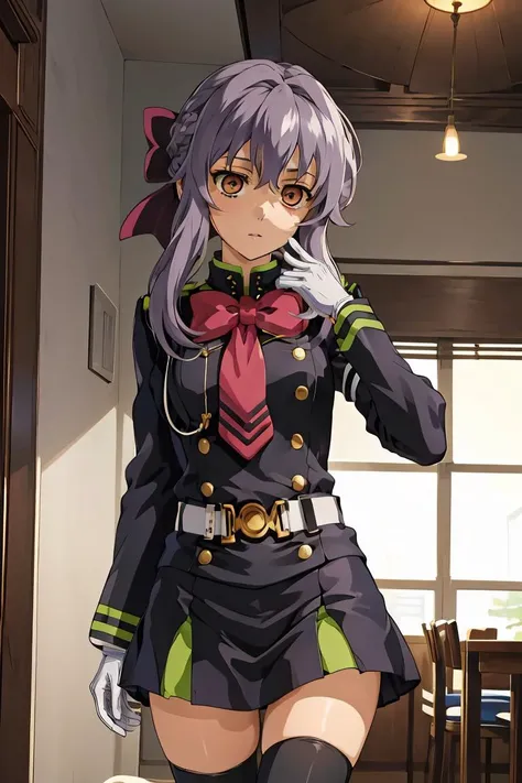 (masterpiece, best quality), 1girl,  <lora:hiiragi_shinoa_v1:1> aashinoa, hair bow, military uniform, red bowtie, long sleeves, armband, white gloves, belt, black thighhighs