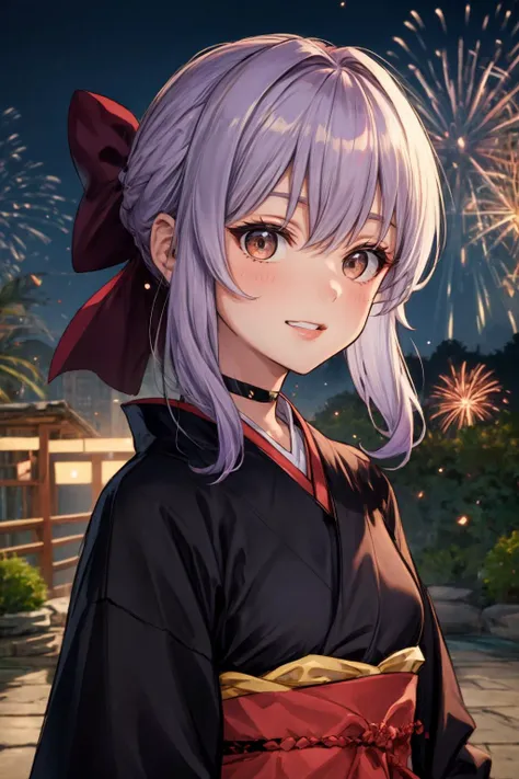 masterpiece, best quality, highres, aashinoa, hair bow,black choker, frills, japanese clothes, (black kimono:1.2), obi, purple skirt , close portrait, garden, portrait , grin, ,parted lips, firework, japanese festival, <lora:hiiragi_shinoa_v1:0.7>,