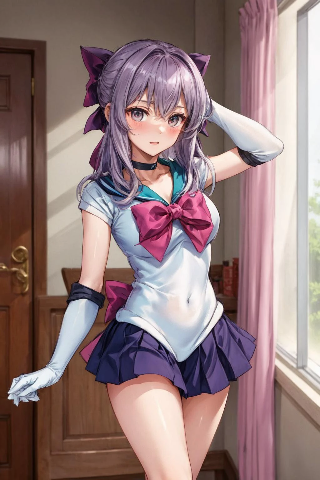 masterpiece, best quality, highres, aashinoa, hair bow, <lora:hiiragi_shinoa_v1:0.7>,aashinoa, hair bow,
<lora:Sailor Moon Outfit:0.9>, sailor moon outfit, indoors,