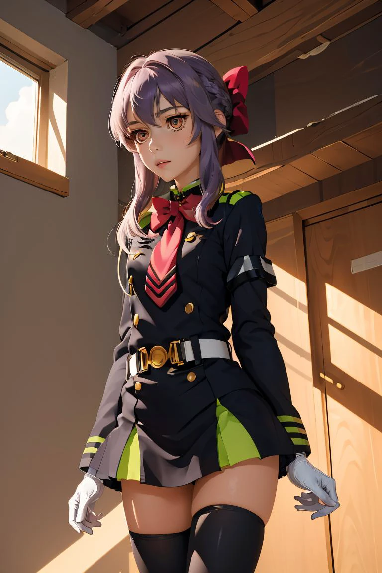 (masterpiece, best quality), 1girl,  <lora:hiiragi_shinoa_v1:1> aashinoa, hair bow, military uniform, red bowtie, long sleeves, armband, white gloves, belt, black thighhighs
