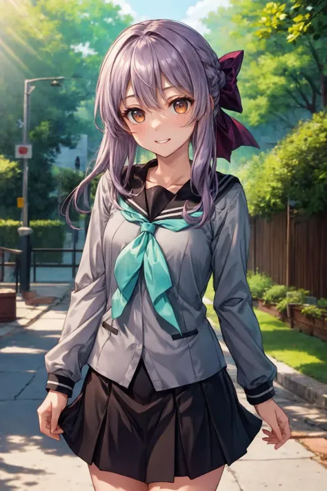 masterpiece, best quality, highres, aashinoa, hair bow, serafuku, sailor collar, green neckerchief, grey shirt, long sleeves, black skirt, <lora:hiiragi_shinoa_v1:0.7>, standing, cowboy shot, smile, outdoors