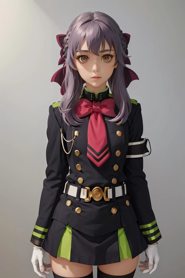 (masterpiece, best quality), 1girl, <lora:hiiragi_shinoa_v1:1> aashinoa, hair bow, military uniform, red bowtie, long sleeves, armband, white gloves, belt, black thighhighs