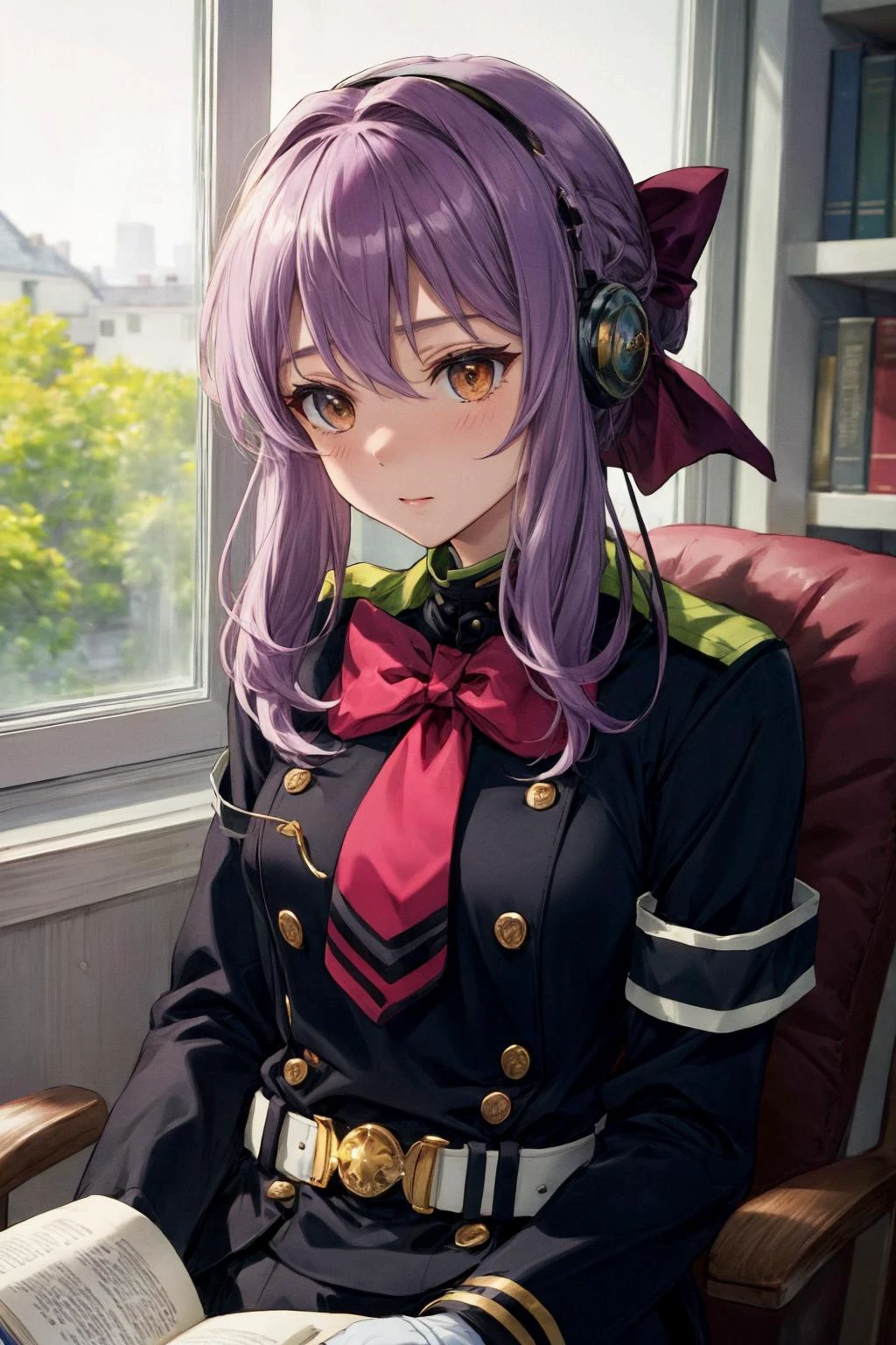 masterpiece, best quality, highres,
aashinoa, hair bow, military uniform, red bowtie, long sleeves, armband, white gloves, belt, black thighhighs, <lora:hiiragi_shinoa_v1:0.7>
upper body, sit, loffy girl, headphone, listening music, reading book, windows, nigh
