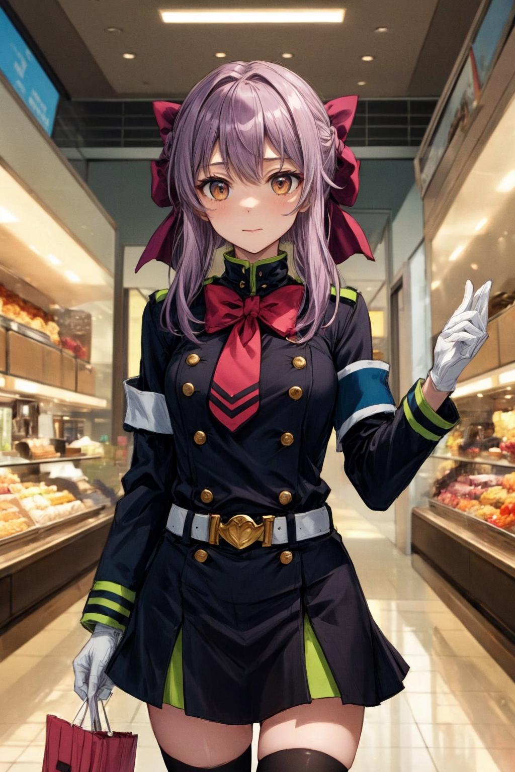 Anime girl in uniform with a red bag and a red purse - SeaArt AI