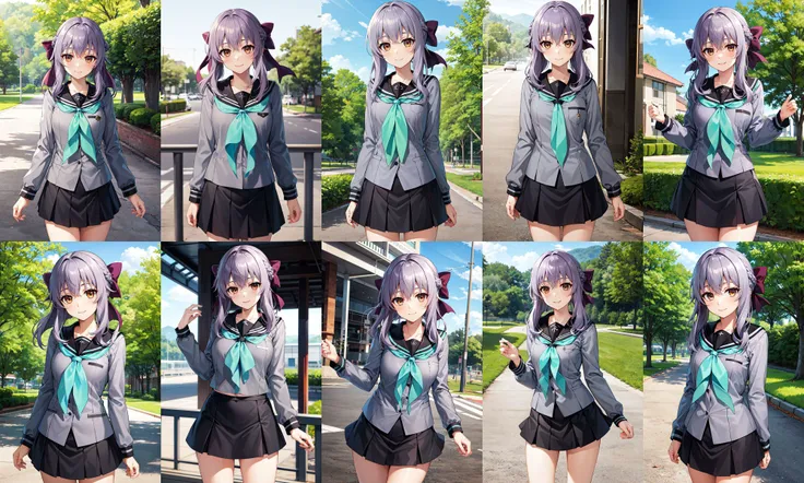 masterpiece, best quality, highres, aashinoa, hair bow, serafuku, sailor collar, green neckerchief, grey shirt, long sleeves, black skirt, <lora:hiiragi_shinoa_v1:0.7>, standing, cowboy shot, smile, outdoors