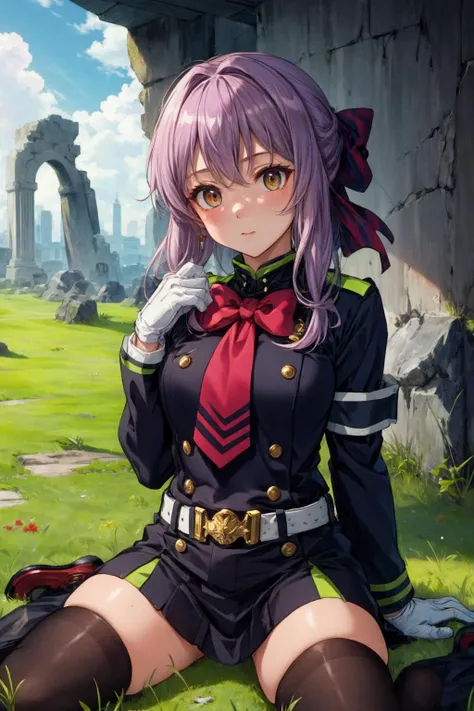 masterpiece, best quality, highres, aashinoa, hair bow, military uniform, red bowtie, long sleeves, armband, white gloves, belt, black thighhighs, <lora:hiiragi_shinoa_v1:0.7>, wariza, grass, ruins, close portrait,