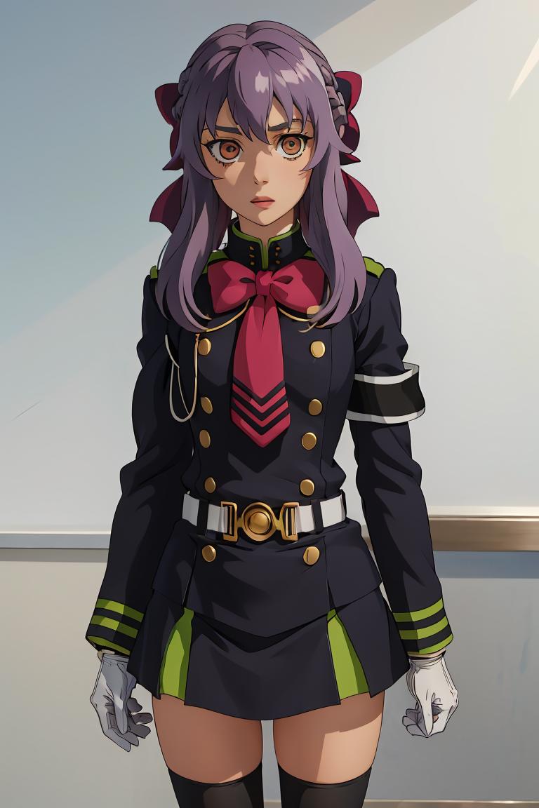 Anime girl in uniform with purple hair and a red bow - SeaArt AI